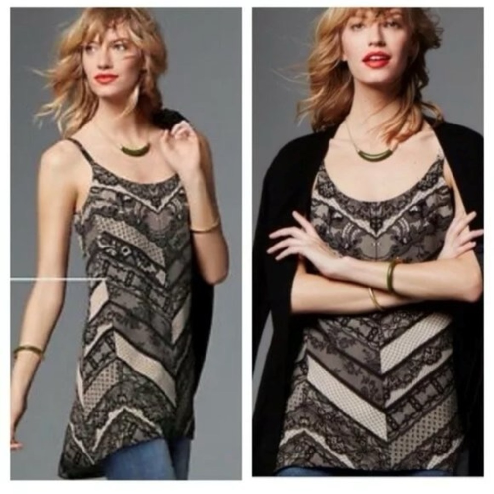 Cabi #3278 Monaco chevron lace print camisole tank top in black & nude/cream XL